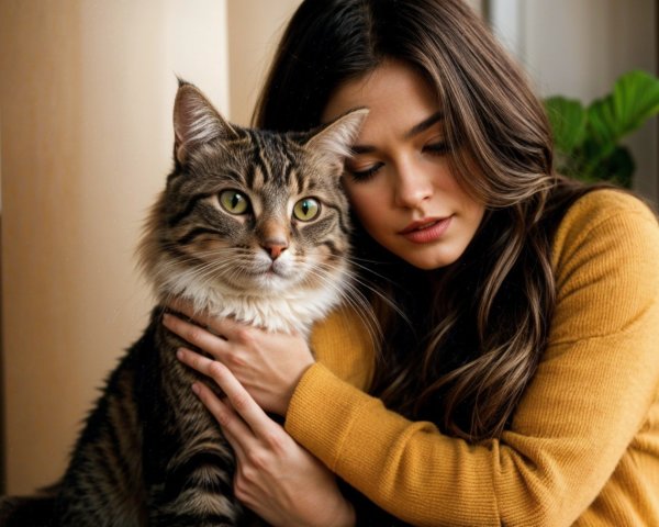 Young woman in amber sweater with tabby cat