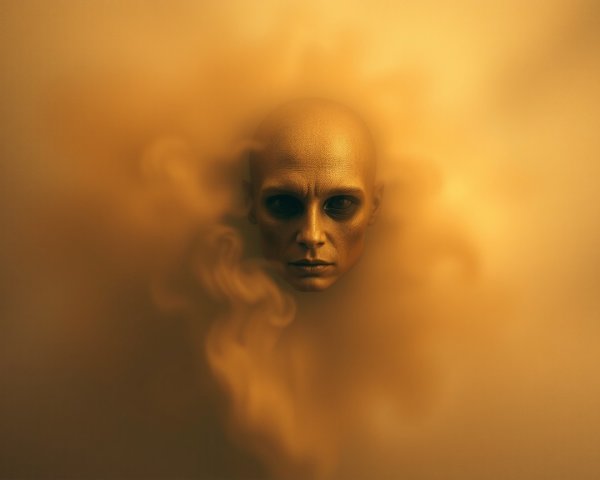 Surreal Scene of a Face in Golden Mist
