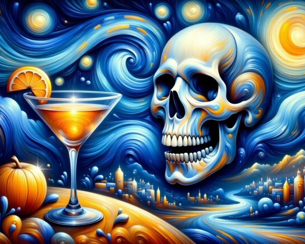 Stylized Skull and Martini Glass with City Skyline