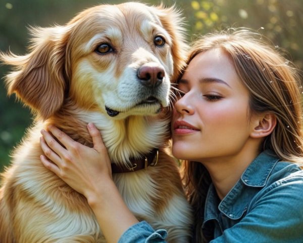Young Woman Hugs Golden Retriever in Sunlit Nature