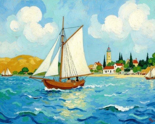 Vibrant Seascape with Wooden Sailboat and Coastal Village