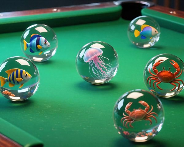 Glass Orbs with Sea Creatures on Green Pool Table