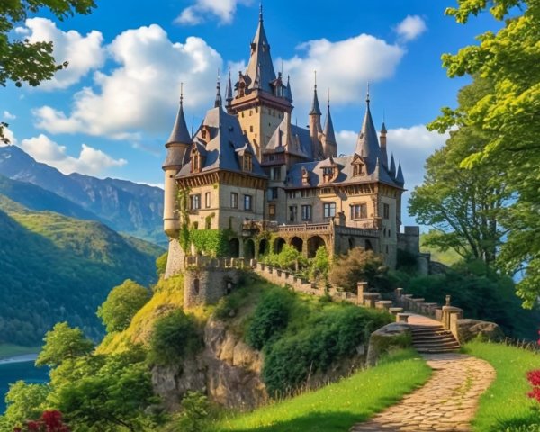 Majestic castle on cliff with lush greenery and lake