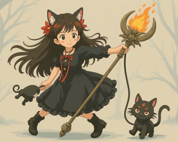 Young girl with cat ears and playful black cats