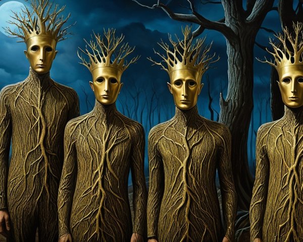 Figures in a Dark Forest with Golden Crowns and Roots