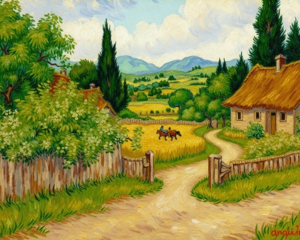 Charming Rural Scene with Cottages and Horse Riders
