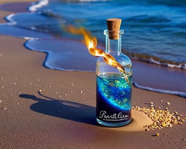 Glass Bottle with Blue Liquid on Sandy Beach
