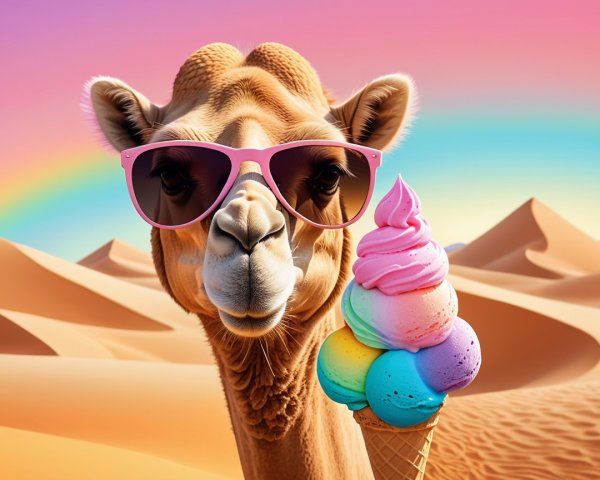 Whimsical Camel in Vibrant Desert with Ice Cream Cone