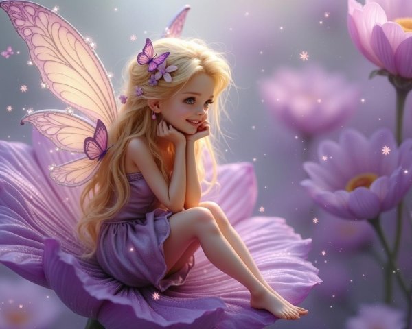 Whimsical fairy on lavender flower with sparkles