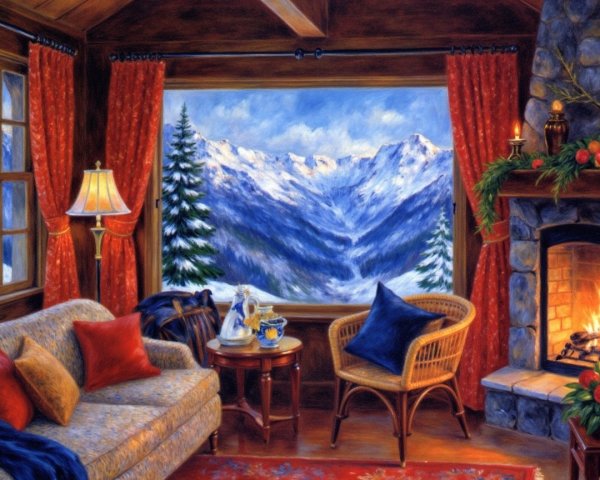 Cozy Cabin Interior with Fireplace and Mountain View