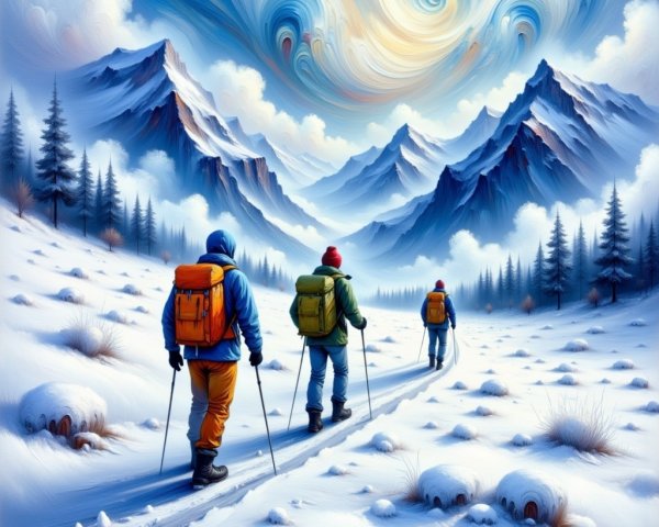 Winter Hikers on Snowy Trail in Mountain Landscape
