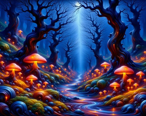 Fantastical forest scene with blue light and glowing flora