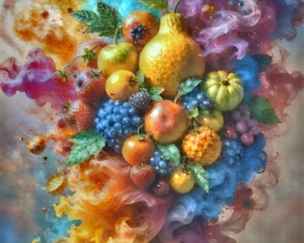 Colorful Fruits Surrounded by Swirling Smoke Effects