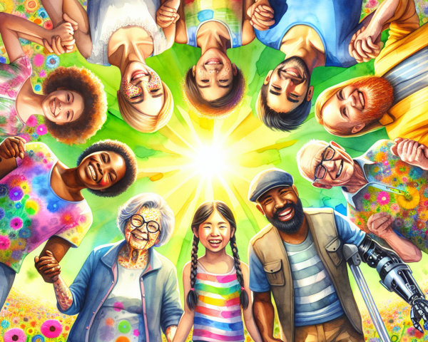 Diverse Group Holding Hands in Joyful Unity Circle