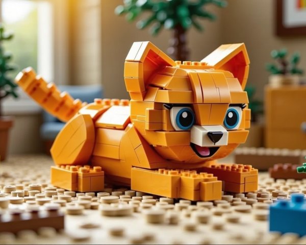 Cheerful Orange LEGO Cat on Sandy Base with Colorful Elements