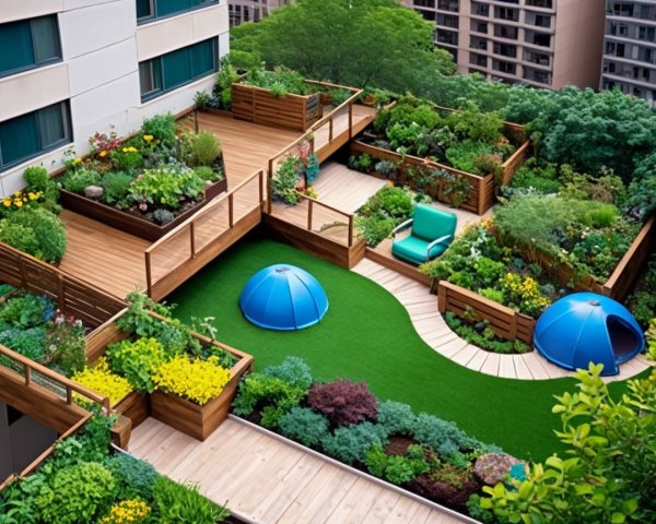 Lush Rooftop Garden with Tiers and Vibrant Plants