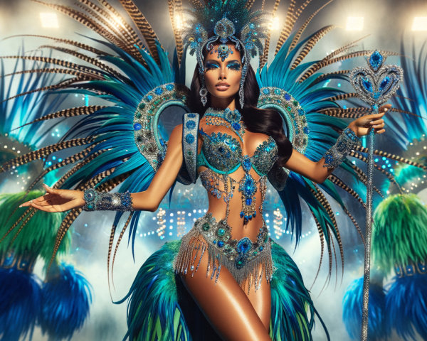 Extravagant Costume with Green Feathers and Gemstones