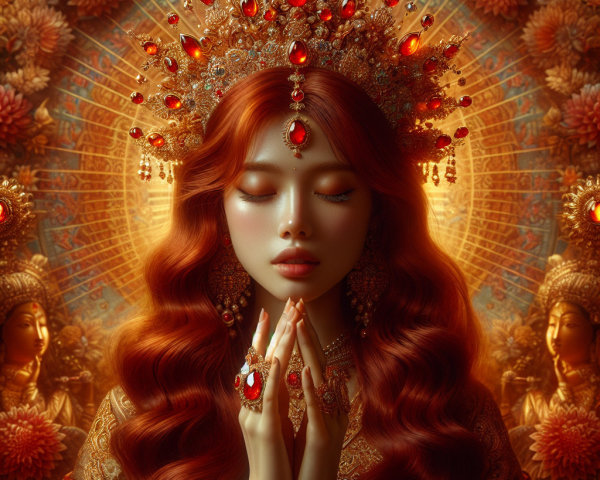 Majestic Woman with Red Hair and Crown in Vibrant Scene