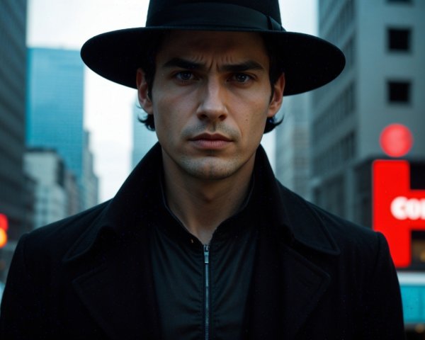 Man in Black Hat and Coat in Urban Setting