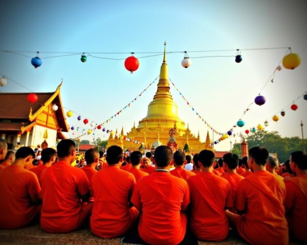 Monks in Orange Robes Gather Near Golden Stupa