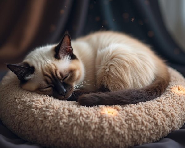 Cream Cat Sleeping on Cozy Round Pet Bed with Lights