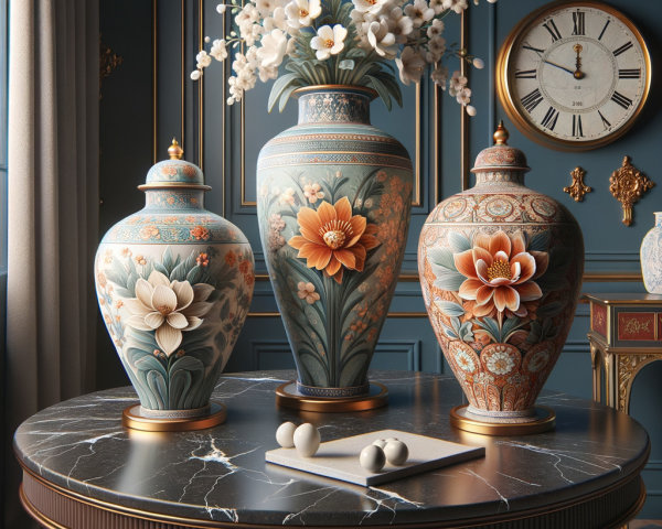 Intricately Designed Vases on a Marble Table