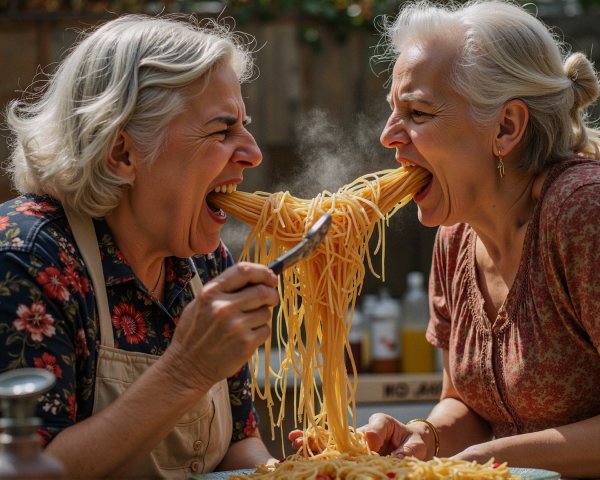 Playful Scene of Two Women Sharing Spaghetti Together