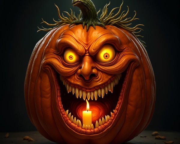 Carved Pumpkin with Glowing Eyes and Lizard Creature