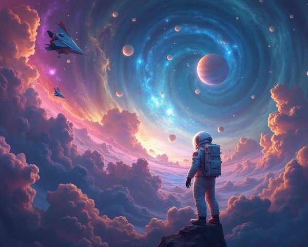 Astronaut Observing Cosmic Scene with Planets and Spacecraft