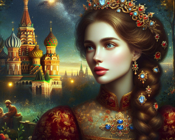Regal Young Woman in Ornate Jewel-Encrusted Gown