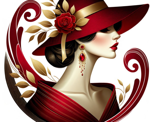 Elegant Woman in Red Hat with Decorative Backdrop