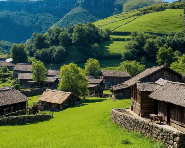 Quaint Village in a Lush Green Valley Landscape