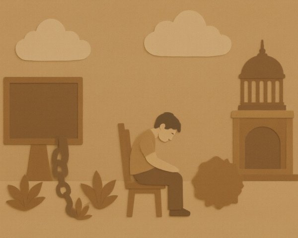 Solitary Figure in Contemplation Amidst Symbolic Elements