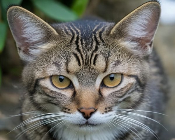 Close-up of a cat with striking features and foliage