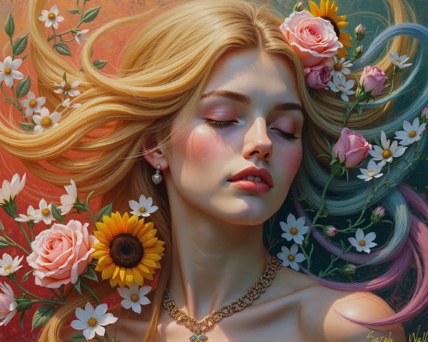 Serene portrait of a young woman with flowers and jewelry