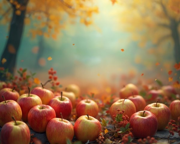 Autumn Landscape with Red Apples and Colorful Foliage