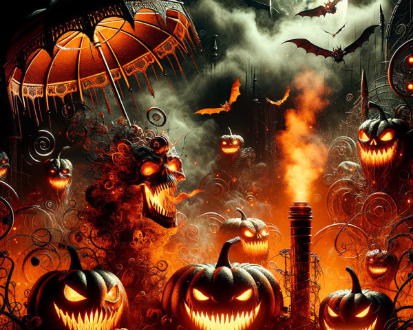 Haunting Halloween Landscape with Pumpkins and Bats