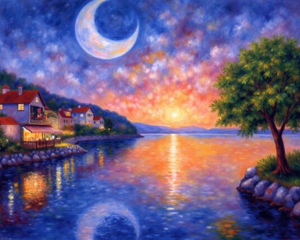 Tranquil Dusk Landscape with Lake and Charming Houses