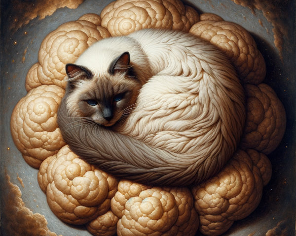 Fluffy Cat Resting on Dreamlike Cloud Structures