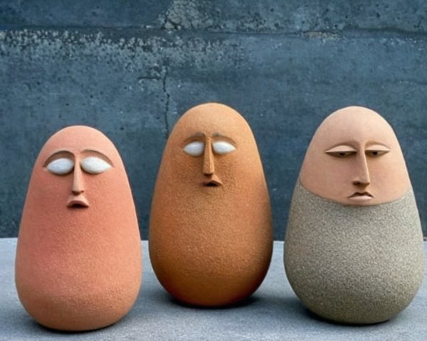 Terracotta Egg-Shaped Sculptures with Abstract Faces