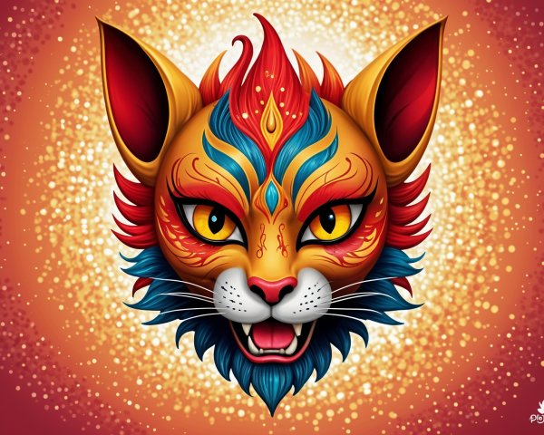 Vibrant Cat Face with Intricate Patterns and Bokeh Background