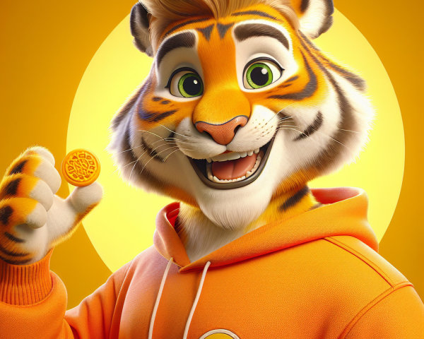 Animated tiger character with hoodie and coin