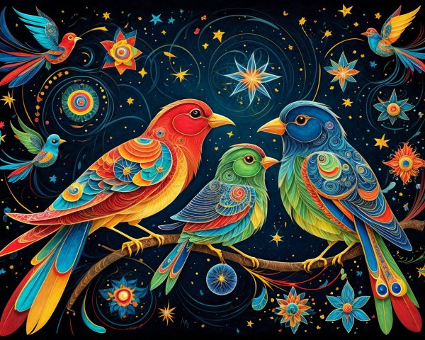 Colorful Illustration of Birds on a Cosmic Background
