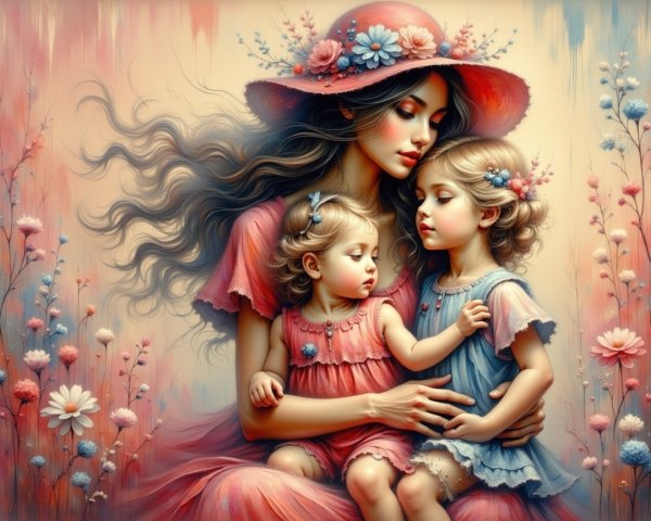 Mother and Daughters in Flowering Landscape Artwork