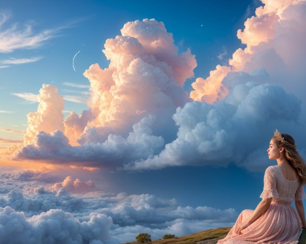 Young Woman in Pink Dress on Grassy Hill at Sunset