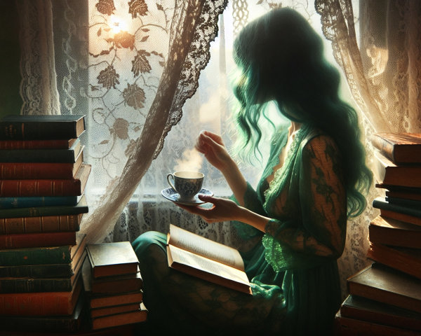 Woman with Green Hair by Sunlit Window and Books