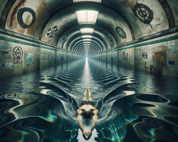 Swimmer in a deserted tunnel with reflective water