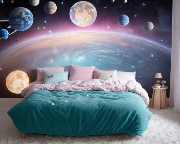 Cozy Bedroom with Turquoise Comforter and Space Mural