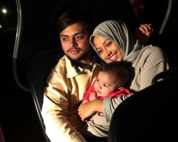 Joyful Couple with Baby in Warm, Dim Lighting
