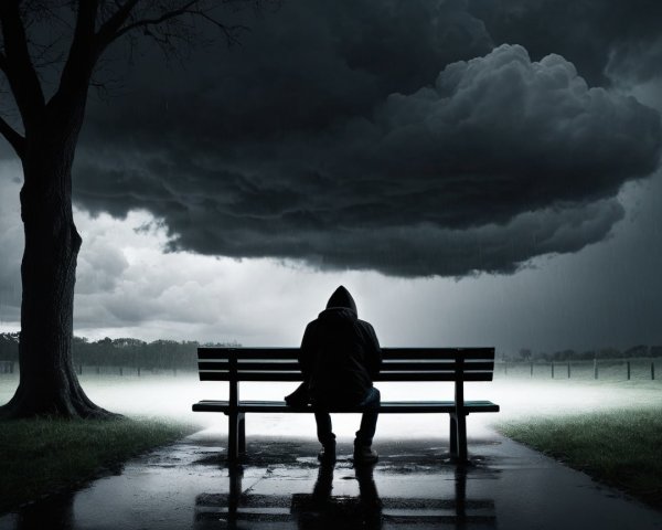 Solitary Figure on Bench Under Dark Cloudy Sky